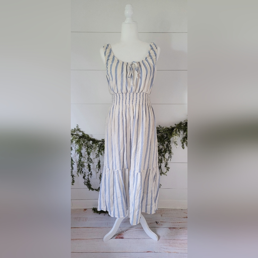 Lush Blue & Cream Stripe Linen Blend Boho Midi Dress